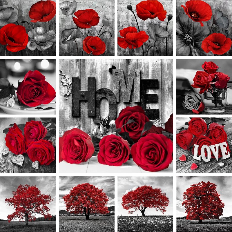 Resin Art Rose - Berlian Mosaik Merah Hitam Seni Pemandangan